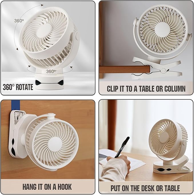 Personal Clip on Fan 2000mAh Battery Operated, Type-C 4 Speed Max 8.5 Hrs 360° adjustment Clip fan, Small Portable Fan for Office, Bedroom, Desk, dormitory, Camping, Stroller, Golf Cart - White
