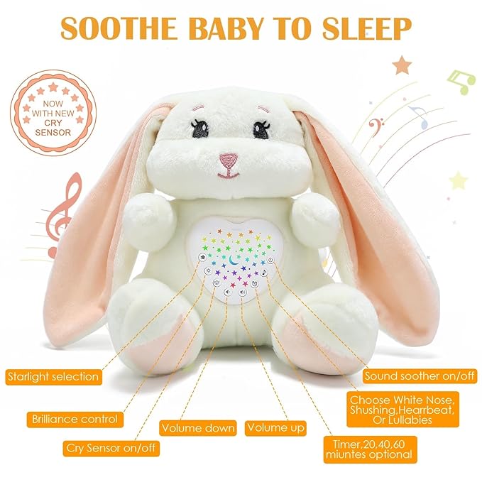Baby Sleep Soother Bedtime Bunny Toy with Cry Sensor, Mom‘s Heartbeat Lullabies White Noise, Starlight Projector, Toddler Crib Sleeping Aid for Infant,Boy Girl Baby Gifts