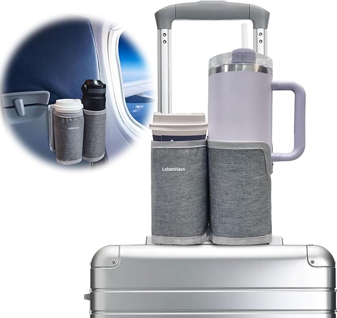 2 in 1 Luggage Cup Holder for Suitcase Airplane Cup Holder for Tray Table Drink Carrier for Stanley Tumblers Coffee Beverage Organizer Luggage Drink Holder Travel Essentials for Flying(gray)