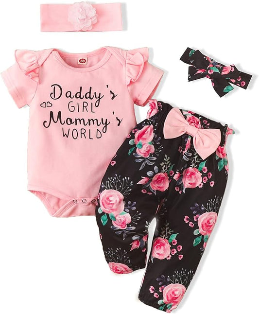 AMAWMW Newborn Baby Girl Clothes Infant Baby Ruffle Romper Pants Summer Outfits 4PCS Gifts Set Toddler Girls' Clothing