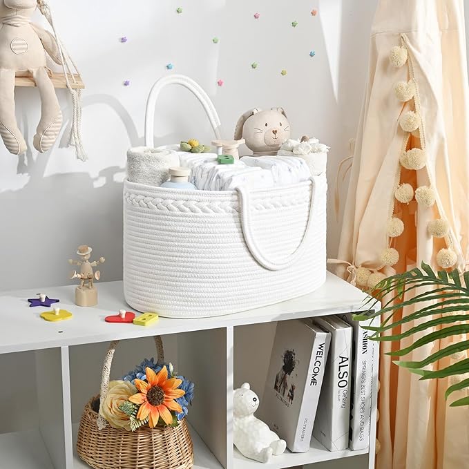 Baby Diaper Caddy Organizer, Cotton Rope Diaper Basket, Baby Basket for Changing Table, Nursery, Car, Changing Table Storage Bin With Removable Divider, Baby Shower Gifts for Newborn, Baby Essentials