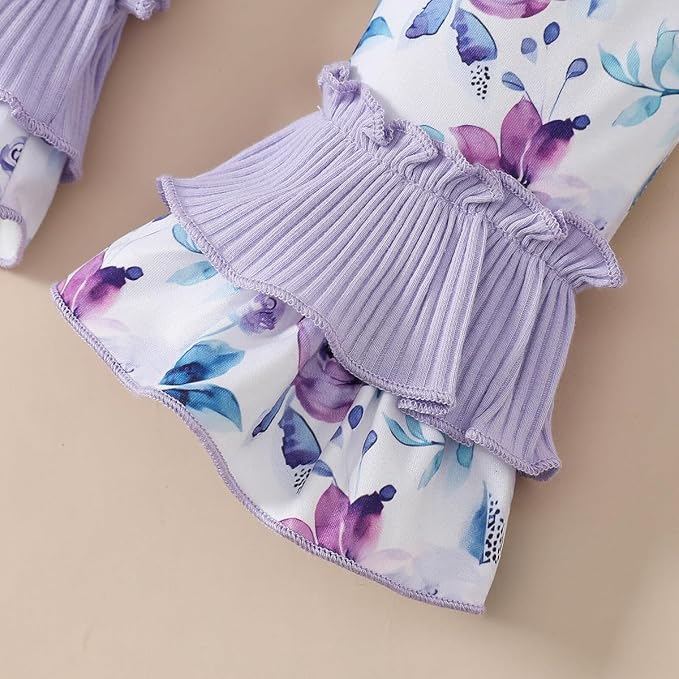 Newborn Baby Girl Clothes Infant Girl Outfits Long Sleeve Ruffle Romper + Floral Pants + Headband Set