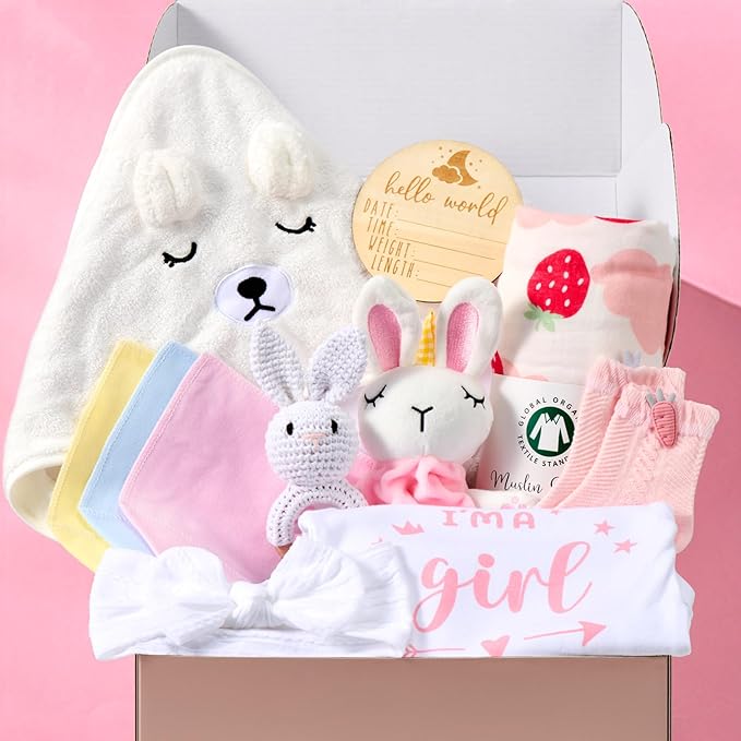 Baby Girl Gifts Basket, Newborn Girl Essentials for Baby Shower, Hooded Bath Towel, Muslin Swaddle Blanket, Girl Bodysuit, Bunny Rattle, Lovey, Baby Bibs, New Mom Gifts Box for Women