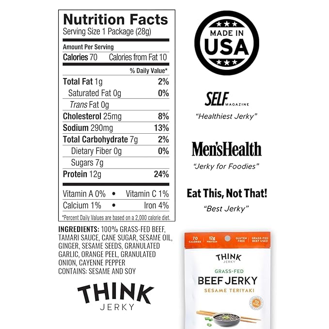 Think Jerky Beef and Turkey Jerky Variety, Original, Sweet Chipotle, Sriracha Honey, Sesame Teriyaki, Healthy Meat Snack, Low Calorie Low Fat - 2.2 oz Bags, 4 Pack, 1 of Each
