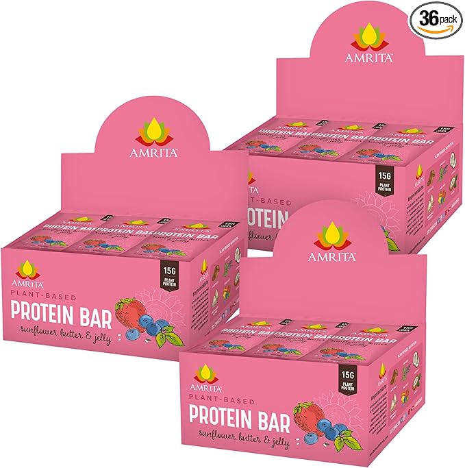 Amrita Nut Free Vegan Protein Bars (12 CT PK of 3) | Sunflower Butter & Jelly 15g Plant-Based Protein Bar | Peanut-Free, Gluten Free, and Dairy-Free | No Added Sugar, Healthy Snacks for Kids/Adults
