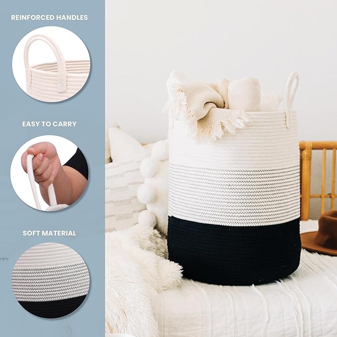 OrganiHaus Black & White Blanket Storage Basket for Living Room 15x18, Woven Nursery Hamper Basket, Large Toy Basket Storage for Kids, Laundry Hamper, Baby Laundry Basket, Cute Cotton Rope Basket
