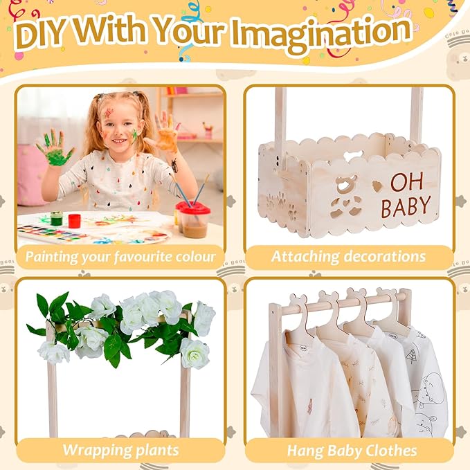 Wooden Baby Shower Crate Closet with Handle,Storage Basket,Baby Clothes Hangers, Newborn Boy Girl Welcome Gift Basket,Easy Assembly Baby Baskets for Baby Shower