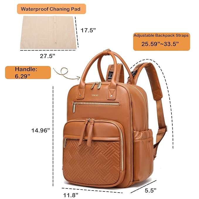 Leather Diaper Bag Backpack for Women with Multiple Pockets,Laptop Compartment and Changing Pad.