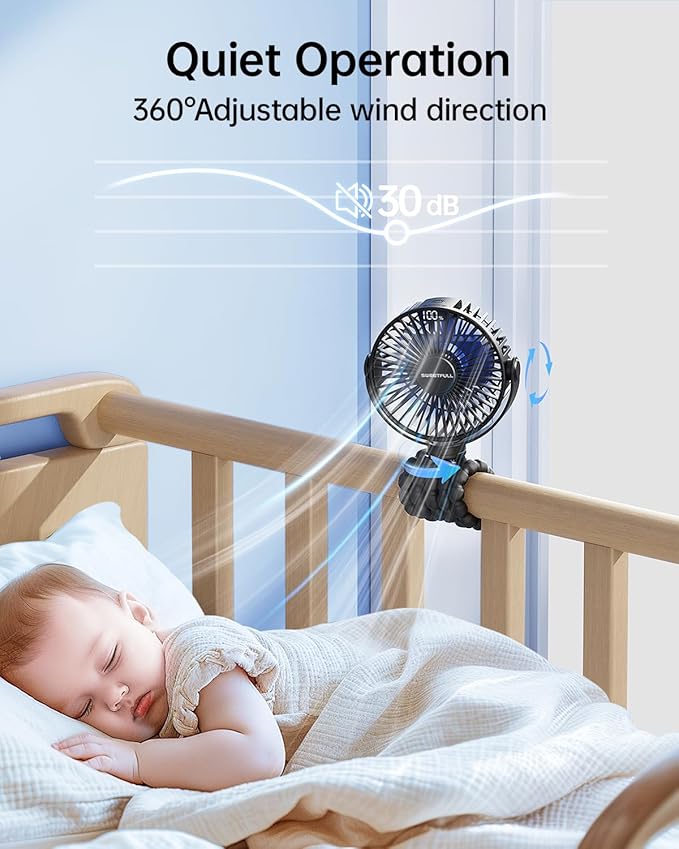 SWEETFULL Portable Stroller Fan with Display 4000mAh Battery Powered Mini Clip On Fan, 4-Speed Rechargeable Small Personal Cooling for Baby Car Seat Crib Travel - Black