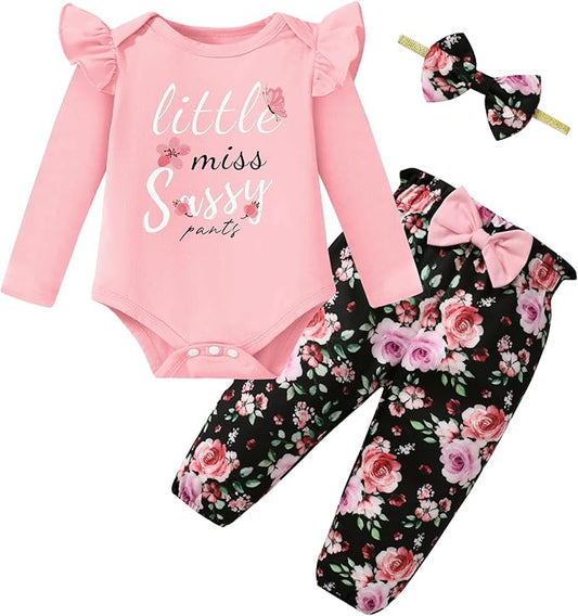 Baby Girl Clothes Newborn Infant Cotton Ruffle Romper+ Floral Pants + Headband Sets Fall Winter Outfits