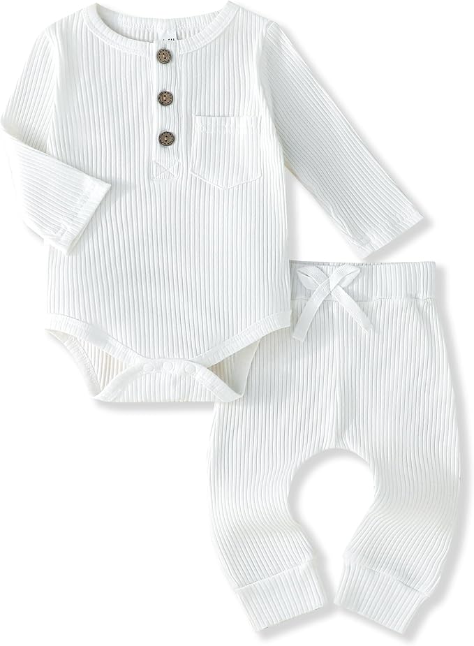 Newborn Baby Boy Girl Clothes Ribbed Knit Cotton Long Sleeve Romper Long Pant Preemie Solid Color Unisex Outfits