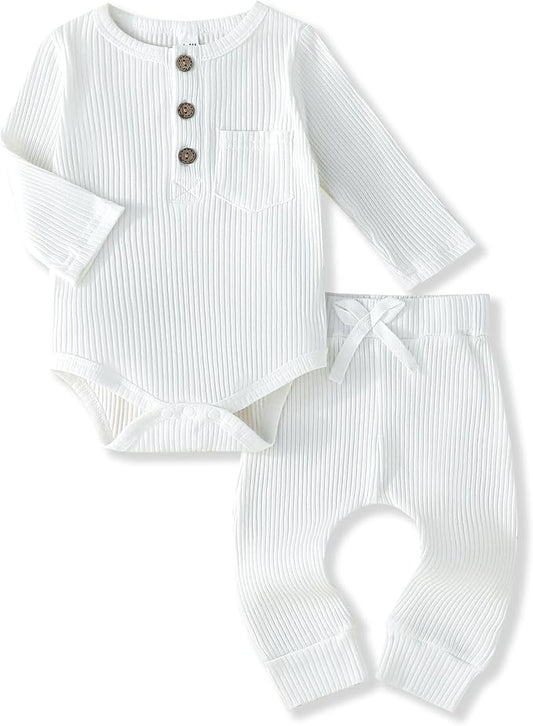 Newborn Baby Boy Girl Clothes Ribbed Knit Cotton Long Sleeve Romper Long Pant Preemie Solid Color Unisex Outfits