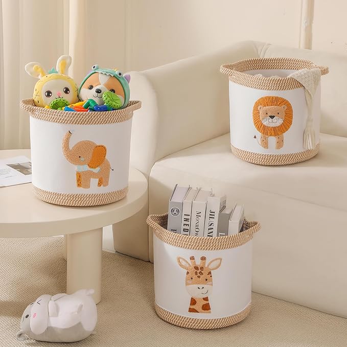 3-Piece Woven Baby Toy Baskets Laundry Hampers, Foldable Nursery Organizer for Toys Clothes Stuffed Animals, Roomy Sturdy Hampers for Baby Gift Nursery Decor Baskets Lion/Giraffe/Elephant Design