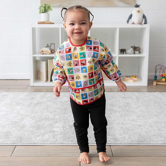 Bumkins Disney Sleeved Bib for Girl or Boy, Baby and Toddler for 6-24 Mos, Essential Must Have for Eating, Feeding, Baby Led Weaning Supplies, Long Sleeve Mess Saving, Mickey and Friends Check Mates