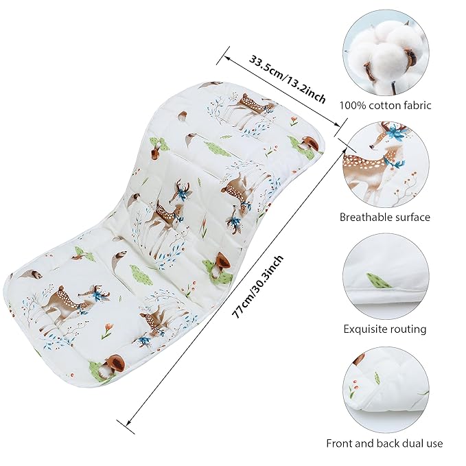 Baby Stroller Cushion,Infant Car Seat Insert-Reversible Universal Breathable and Soft Newborn Stroller Mat,100% Cotton Cover Toddler Seat Pad Liner-34x78cm,1 Pack(Deer+Hazelnut)