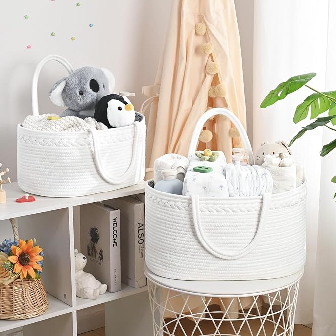 Baby Diaper Caddy Organizer, Cotton Rope Diaper Basket, Changing Table Storage Caddy With Removable Divider, Baby Basket for Nursery, Car, Diapers, Baby Shower Gifts for Newborn
