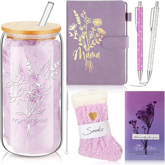 LemonRoad 6 Pcs New Mom Gifts, Pregnancy Gift for Expecting Mom, Baby Shower Favor for New Mommy After Birth, Aesthetic Flower Tumbler Notebook Pen Sock Dried Flower Greeting Card for Mommy(Purple)