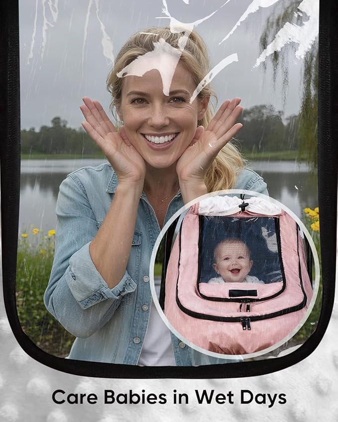 Waterproof Car Seat Cover for Baby, 2-Layer Car Seat Rain Cover with Clear Window & Sunshade & Mesh Cover, Universal Infant Carseat Canopy for Stroller, Protect from Rain and Snow - Pink