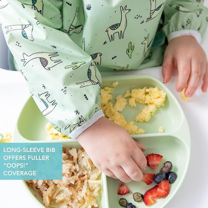 Bumkins - SuperBibs + Sleeved Bib - For Boys & Girls, Babies & Toddlers 6-24 Months - Lightweight, Durable, Waterproof - Catch-All Pocket - Wipeable & Machine Washable - No Prob-llama Green - 3 Pack