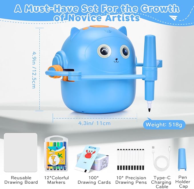 Smart Drawing Robot for Kids with 100 Cards – Voice-Activated Educational Art & Creativity Toy, Montessori Learning Machine for Boys & Girls Ages 3-9 for Toddlers & Children (Blue)