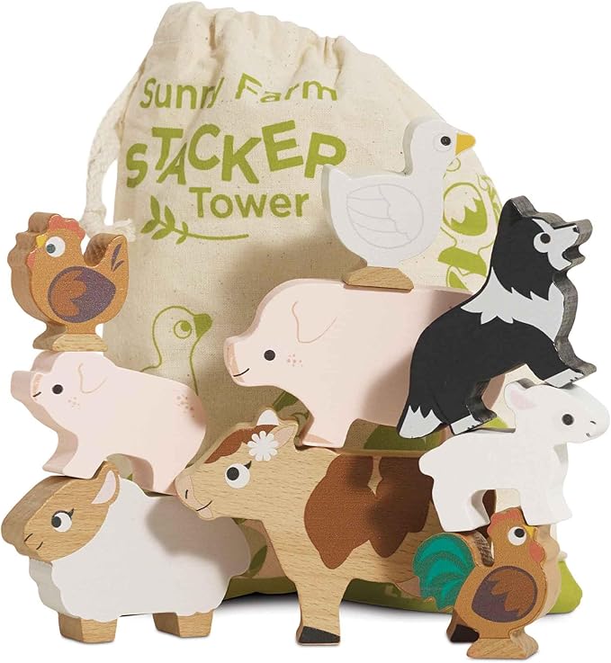 Le Toy Van Wooden Sunny Farm Stacker & Bag Educational Balancing Activity, Plastic Free, Toy Suitable for Age 18+ Months PL141