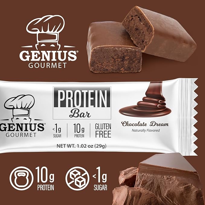 Genius Gourmet Protein Bar, Chocolate Dream, Keto Snack, Low Carb, Low Sugar & Gluten Free, Protein Snacks for Adults, 10G of Whey Protein per Protein Bar, 5 Net Carbs. 10 Count