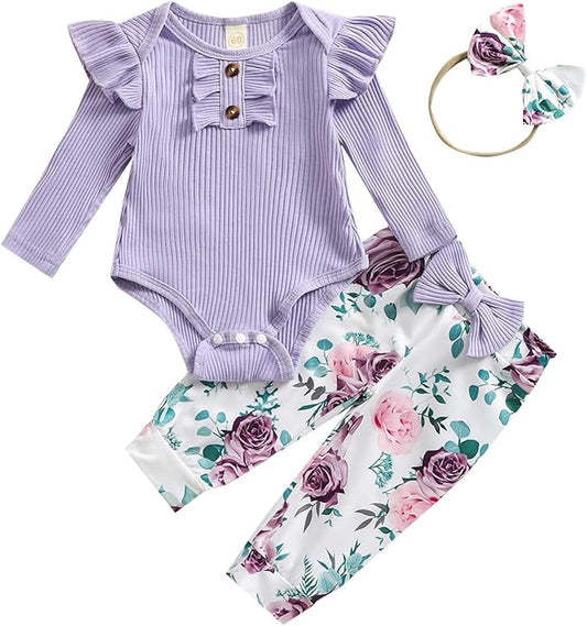 Baby Girls Clothes Ribbed Romper Bodysuit Pants Headband Set Fall Winter Outfits