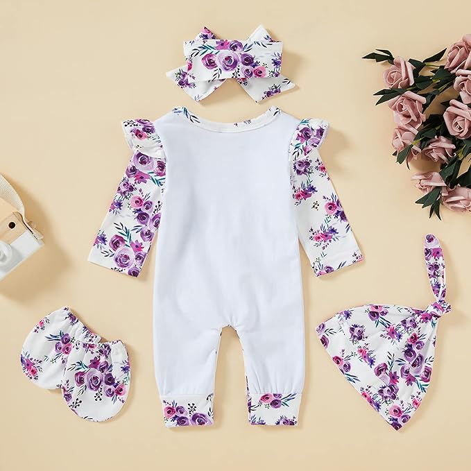 GRNSHTS Newborn Baby Girl Romper Infant Letter Print Jumpsuit Floral Bodysuit+Hat+Headband+Gloves Coming Home Clothes Outfits