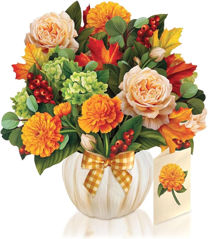 Freshcut Paper Pop Up Cards, Pumpkin Spice, 12 Inch Life Sized Forever Flower Bouquet 3D Popup Greeting Card, Autumn Cards, Birthday Card, Blank Notecard & Envelope