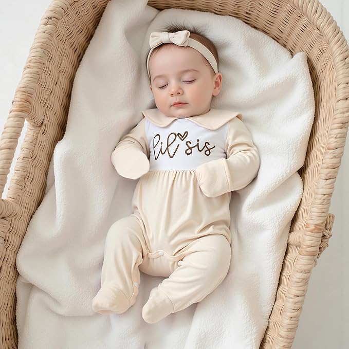 Newborn Baby Girl Footed Romper Onesie Little Sister Embroidery Fall Clothes Coming Home Outfit Vintage Jumpsuit