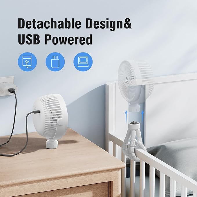 Small Battery Operated Clip-on Versatile Fan with Flexible Tripod, 5000 mAh Portable Stroller Fan, Rechargeable Desk Fans, 4 Speeds, Max 26 hours, USB Powered,360°Rotation, for Car, Camping Outage