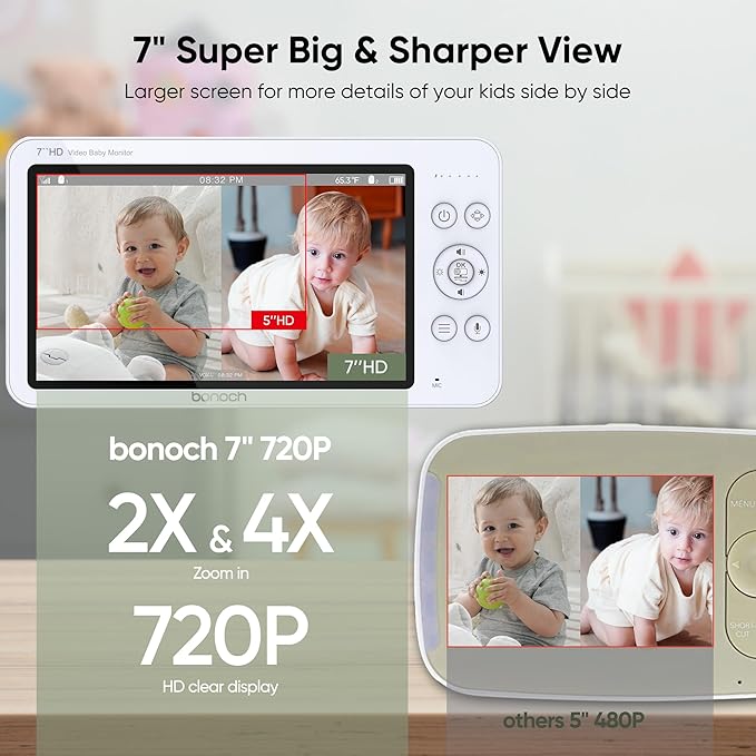 bonoch MegaView Baby Monitor with 2 Cameras, 7" 720P HD Split Screen Baby Monitor No WiFi, Video Monitor with Camera and Audio, 6000mAh, VOX Mode, 2 Way Audio, Remote PTZ, Night Vision