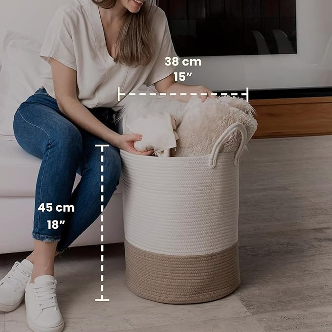 OrganiHaus Boho Woven Basket for Blankets and Laundry, Decorative Large Storage Bin for Living Room, Nursery Basket for Toys & Clothes, Soft Cotton Rope with Handles 15x18 inches - Off-White/Honey