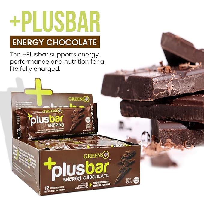 Greens+ Plusbar Energy Bars, Chocolate, Gluten Free Healthy Snacks with Organic Super Greens, Superfoods & Dark Chocolate, Vegan, Dairy Free & Non GMO, 8g Protein Meal Replacement Bars, 12 Bars