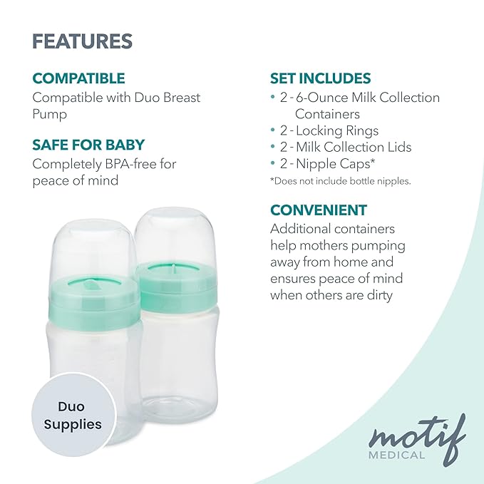 Motif Medical Breast Milk Storage Bottles for Duo Breast Pump - Durable Plastic Breastfeeding Essentials w/Locking Rings, Lids & Nipple Caps - Breast Milk Container (Set of 2, 160 ml)