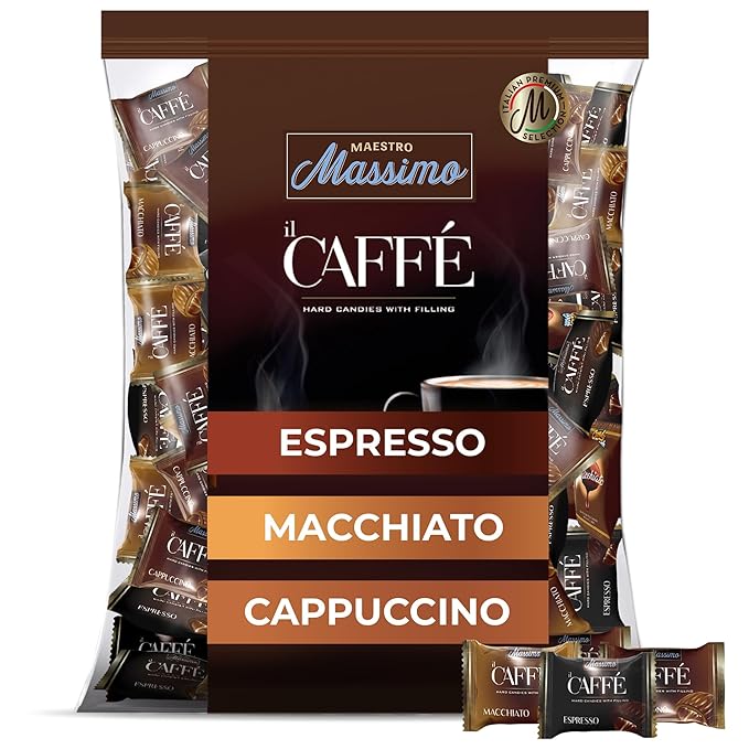 Maestro Massimo Center Filled Hard Pocket Coffee Candy, 3mg Caffeine per Candy, Individually Wrapped, Macchiato, Espresso, Cappuccino Flavored, 2.2 Pound Bulk Bag - Pack of 1