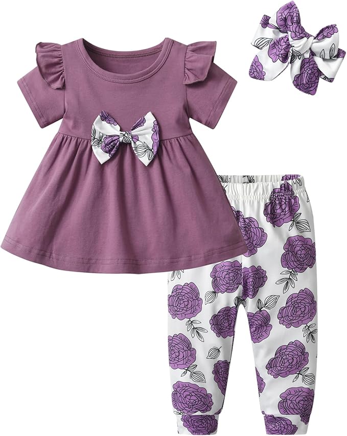 3PCS Baby Girl Clothes Ruffle Floral Shirt Tops Pants Headband Outfit Sets