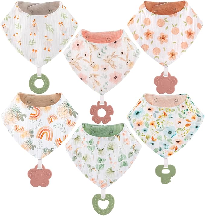 Baby Bandana Drool Bibs 6-Pack and Teething Toys 6-Pack Made with 100% Organic Cotton, Absorbent and Soft Unisex