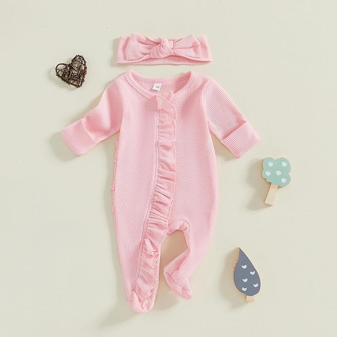 Newborn Girl Clothes Baby Girl Coming Home Outfit Zipper One-piece Outfits Ruffle Footie Bodysuit Jumpsuit Headband
