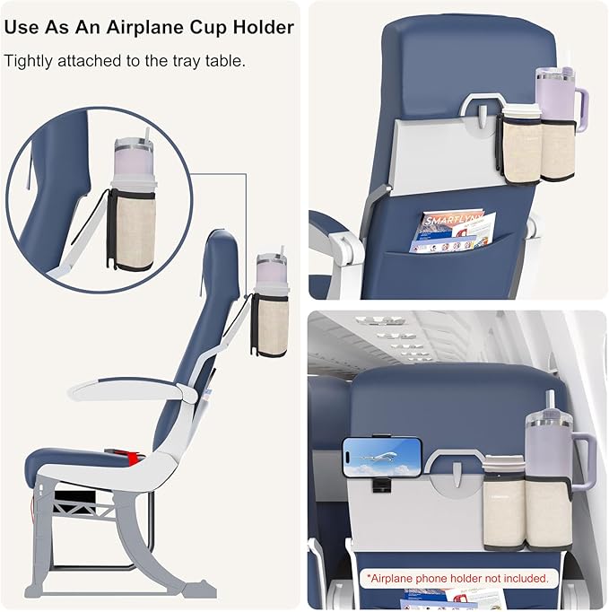 2 in 1 Luggage Cup Holder for Suitcase|Airplane Tray Table Carry on Hands Free Drink Carrier for Stanley Tumblers Coffee Beverage Organizer Gifts for Travelers(Off-White)