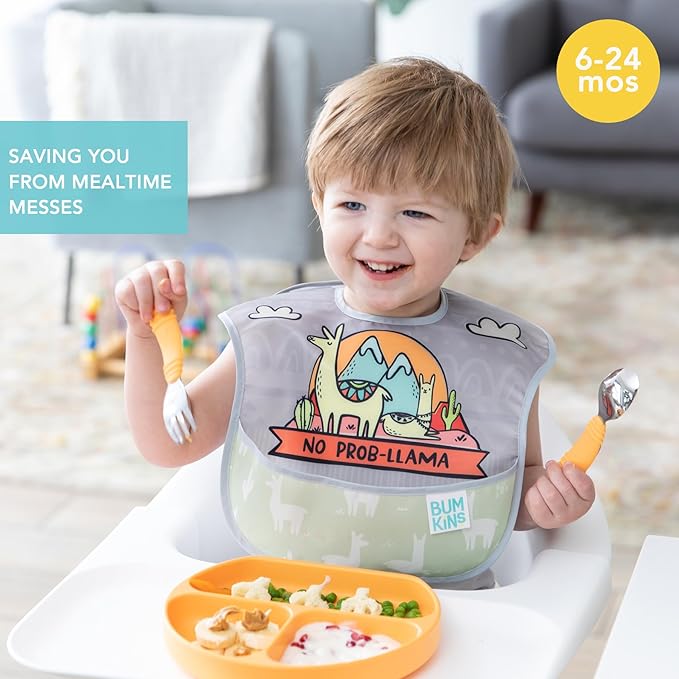 Bumkins - SuperBibs + Sleeved Bib - For Boys & Girls, Babies & Toddlers 6-24 Months - Lightweight, Durable, Waterproof - Catch-All Pocket - Wipeable & Machine Washable - No Prob-llama Green - 3 Pack