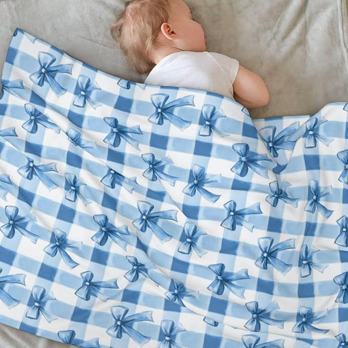 Baby Blanket Blue Bows Check for Boy Girl Newborn 30x40 Inch Toddler Infant Nursery Throw Blankets Double Layer Comfy Soft Plush Stroller Crib Quilt