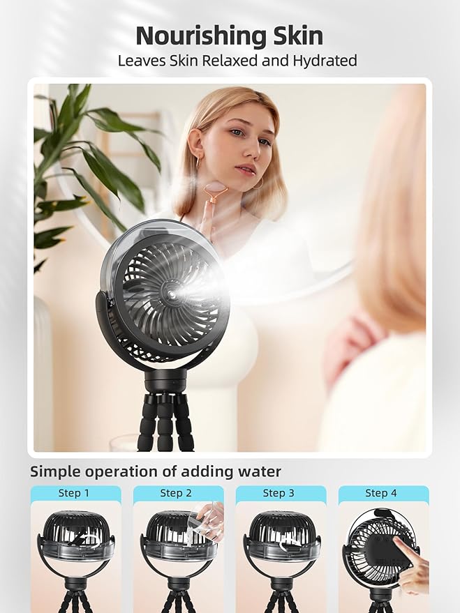 Misting Stroller Fan, 6000mAh Battery Operated Portable Fan with Light & 360° Pivoting, Personal Fans with Flexible Tripod for Baby, Office, Travel,Treadmill,Outdoors