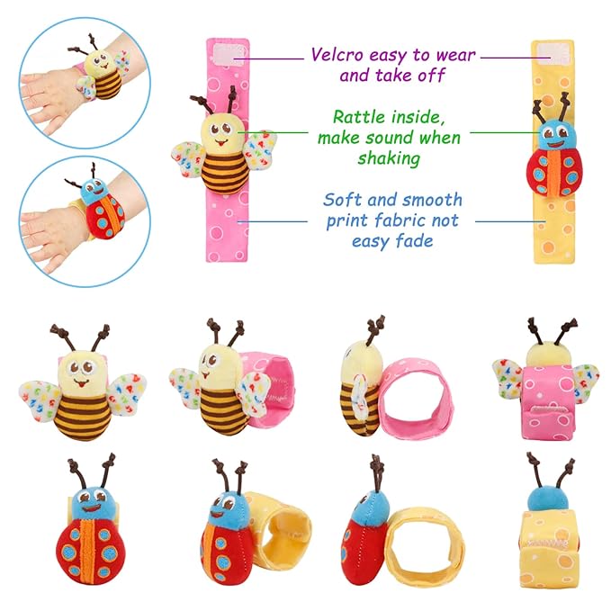 Bloobloomax Baby Rattles Toys for 0-12 Month, Infant Girl Boy Toys for Babies 3-6 Months, Newborn Hand & Foot Toys for 0 to 9 Months, Baby Shower Gifts Set with Wrist Rattle Socks (Pink-4PCS)