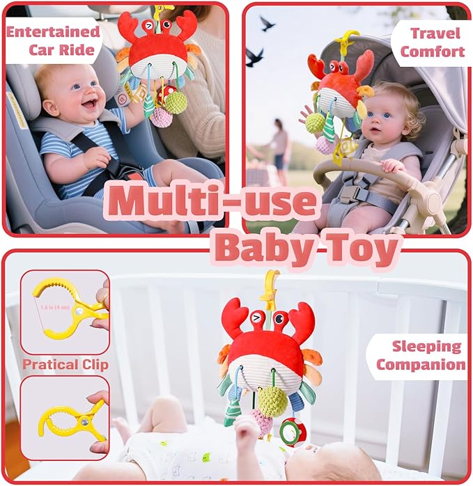 Baby Car Seat Toys 0-6 Months - Crib & Stroller Hanging Crab Attachment with Clip, Rattles and Teether, Travel Comfort Toy for Newborn Infant Gifts