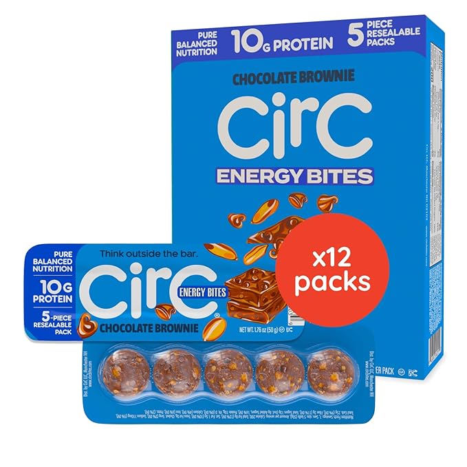 CirC Energy Bites - 12 Pack Chocolate Brownie Gluten Free Protein Balls - 10g Protein, Whole Grains, Nuts & Fruit - Portable Healthy Snacks for Adults & Kids, 5 Piece Resealable Packs
