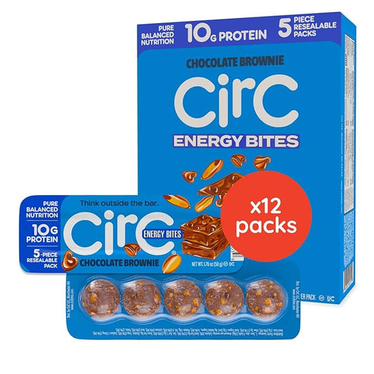 CirC Energy Bites - 12 Pack Chocolate Brownie Gluten Free Protein Balls - 10g Protein, Whole Grains, Nuts & Fruit - Portable Healthy Snacks for Adults & Kids, 5 Piece Resealable Packs