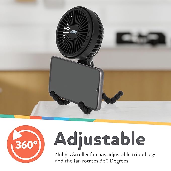 Nuby 3-Speed Stroller Fan with Adjustable Legs - Stroller Accessories - Summer Travel Essentials - Ideal for Car Seats and Play Yards - Black