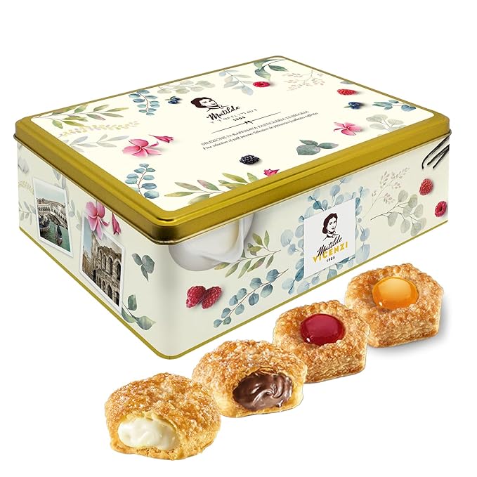 Pasticceria Matilde Vicenzi 5 O'Clock Tea Time Cookie Assortment Gift Tin - Butter Pastries, Chocolate & Vanilla Filled Gourmet Cookies - Bakery Snacks Made in Italy for Father's Day - 13.23oz (375g)