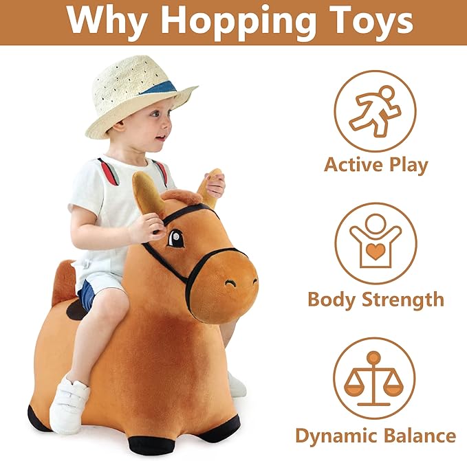 iPlay, iLearn Bouncy Pals Brown Hopping Horse, Toddler Plush Animal Hopper Toy, Kids Inflatable Ride on Bouncer W/Pump, Indoor Outdoor Jumper, Birthday Gifts for 18 24 Months 2 3 Year Old Boys Girls